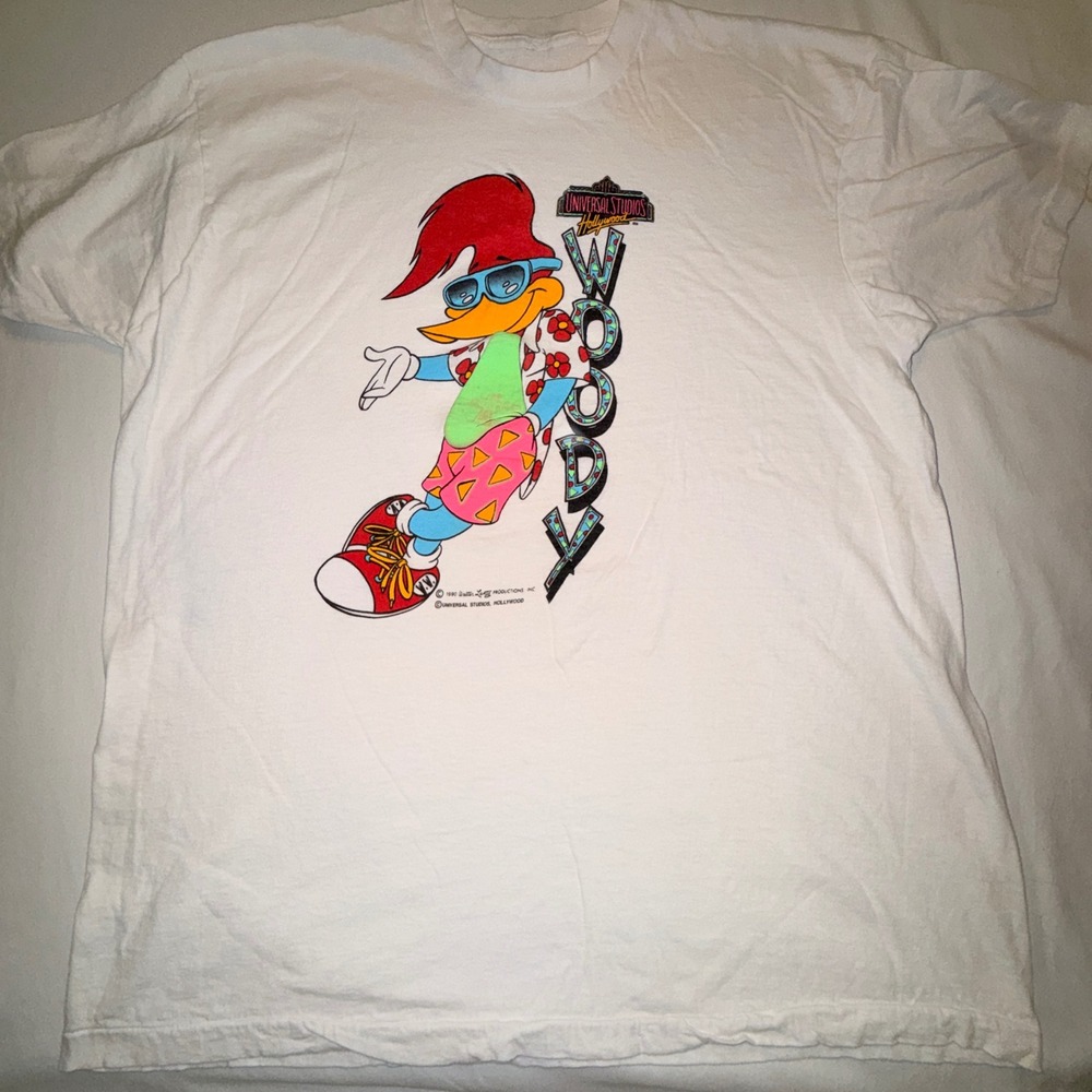 Universal Studios Woody Woodpecker T-Shirt Mens L White Good 1990 Vintage‎ Neon